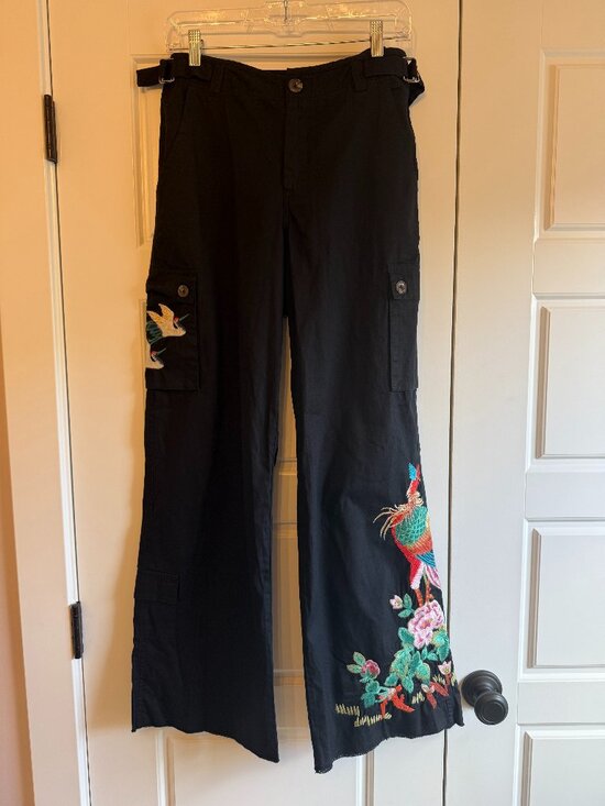 Johnny Was Pants - Johnny Was Peacock Embroidered Wide-Leg Cargo Pants